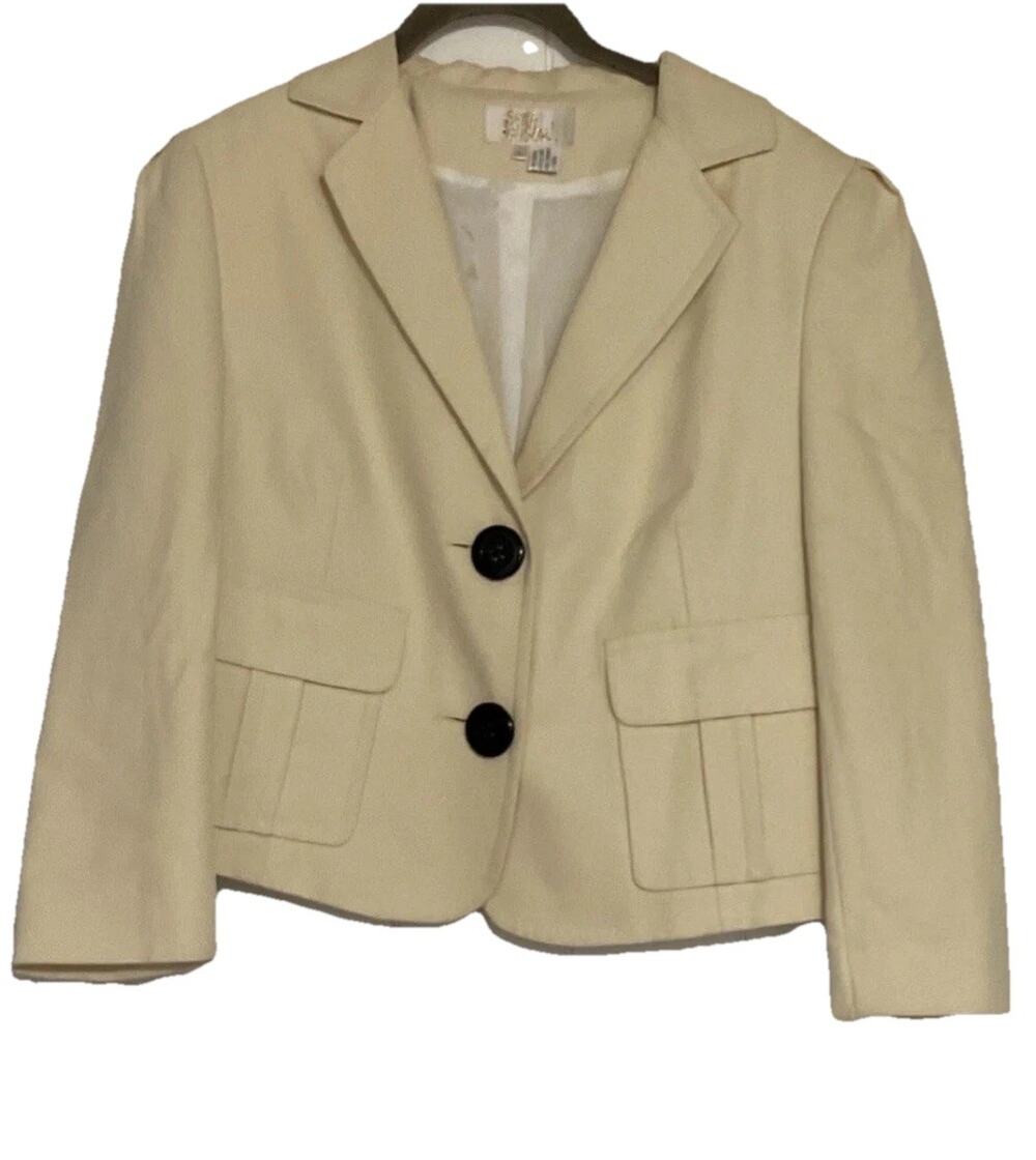 NEW Sara Berman Women's Beige Button Blazer Bow Back Pockets Long Sleeve L